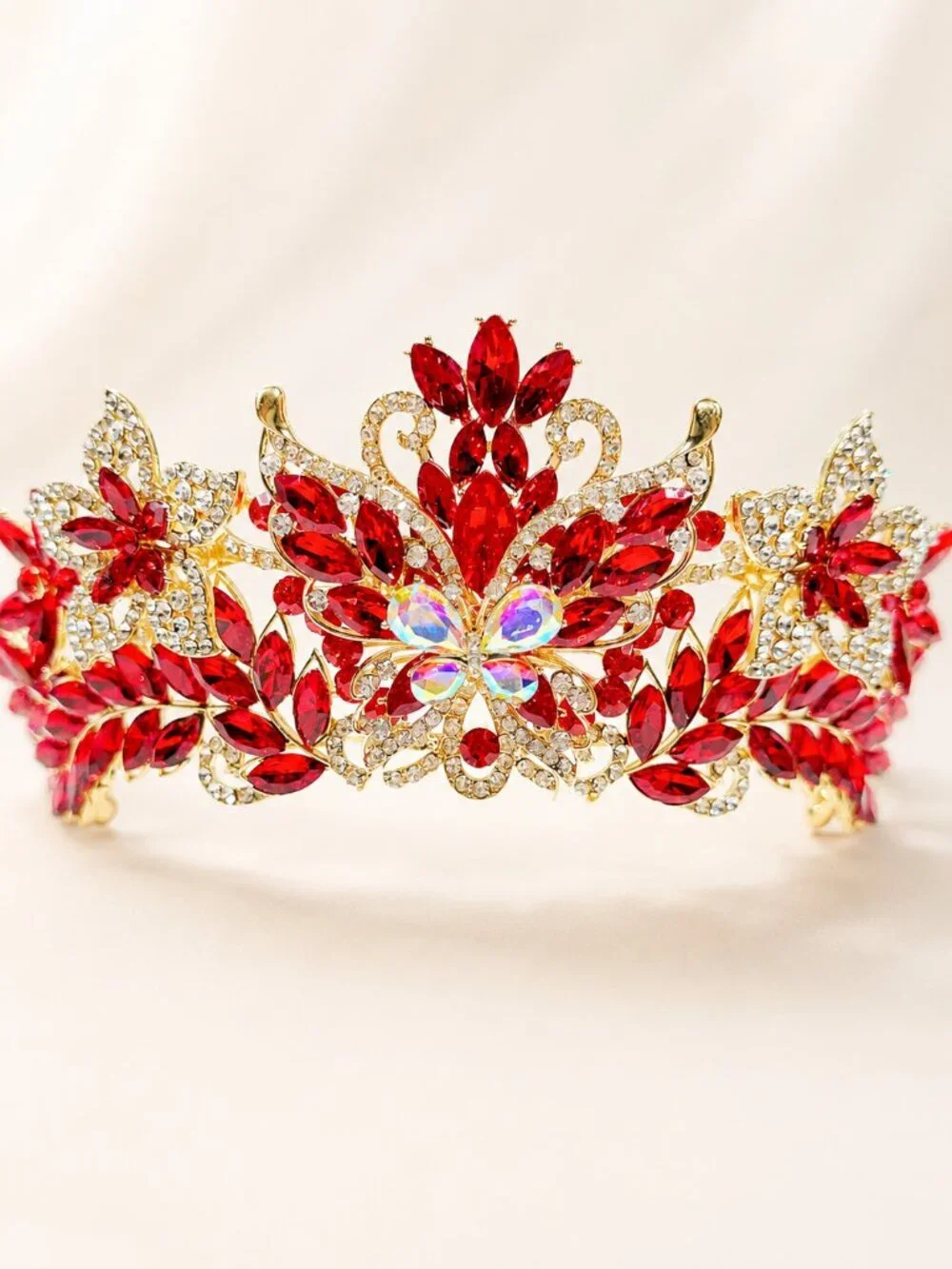 Red Crystal Butterfly Tiara Crown Gold Tone Pageant Prom Wedding Headpiece